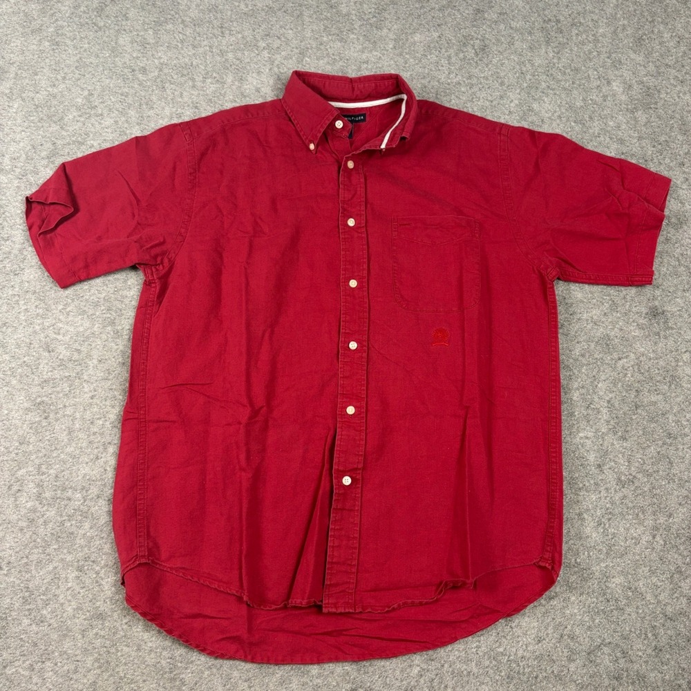 Tommy Hilfiger Button Down Shirt Mens M Red Linen Blend Golf Old Money Pocket